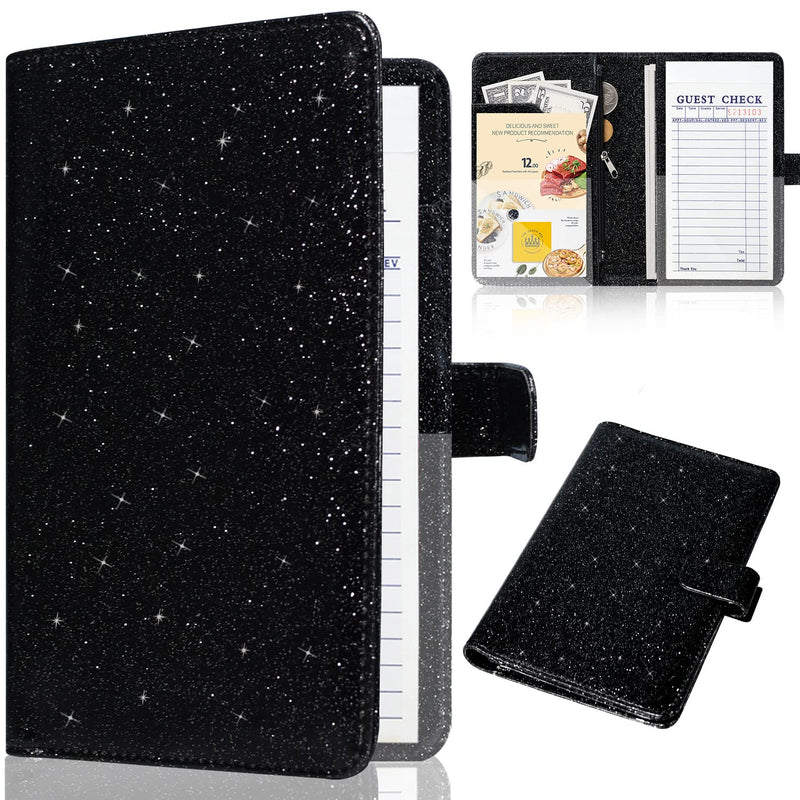 Server Book for Waitress-Leather Waitress Book Organizer with Zipper Pocket Cute Waiter Book Server Wallet with Magnetic Closure, Glitter Black