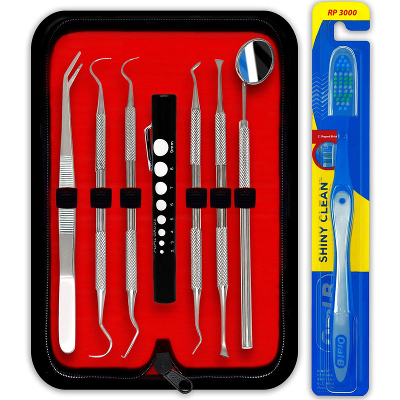 Professional Dental Hygiene Kit - Stainless Steel Tartar Remover, Tooth Scraper, Pick Scaler, Penlight, Toothbrush, and Case