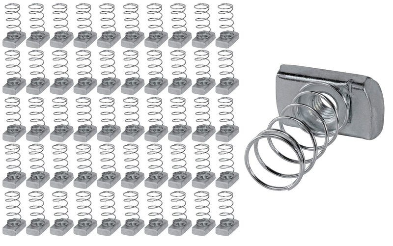 Highcraft OTDI-A50 3/8 inch Thread x 1-3/8 inch Strut Channel Nuts with Long Spring, Carbon Steel with Zinc Finish-50 Pack, Chrome 3/8 in. x 1-3/8 in.