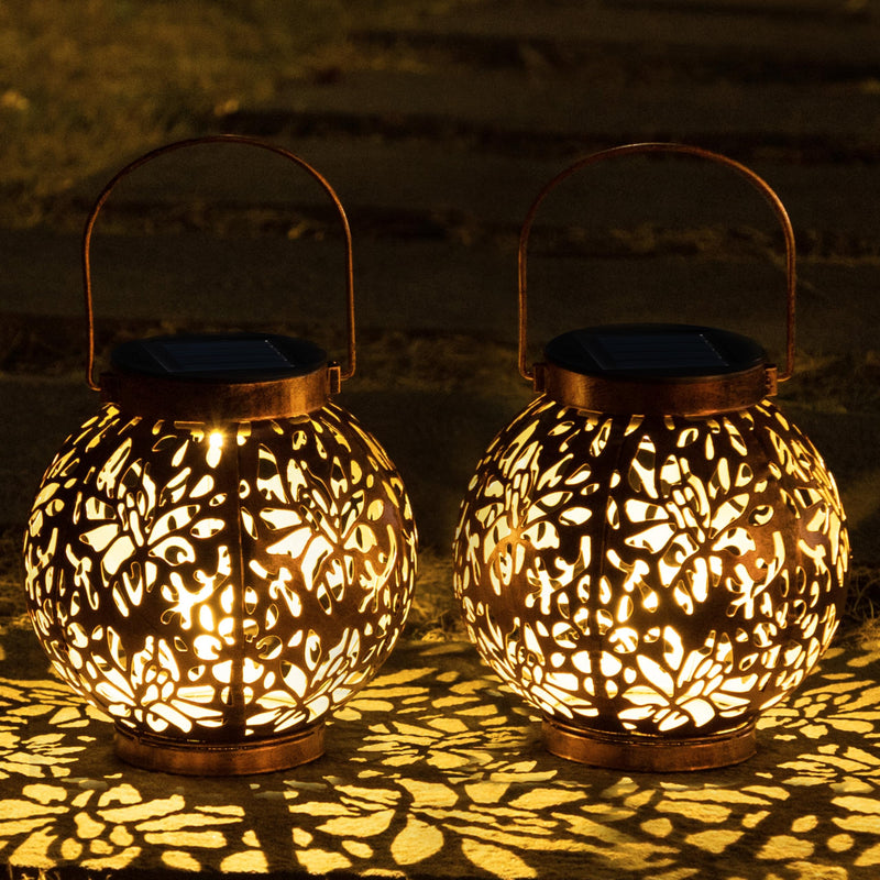 JOIEDOMI 2 Pack Outdoor Solar Hanging Lantern Lights, Waterproof Tabletop with Handle, LED Moroccan Lanterns, Metal Decorative Garden Solar Lights for Patio, Lawn, Porch, Backyard Round