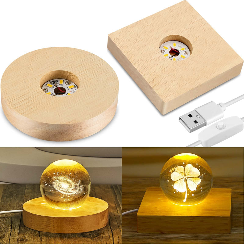 Honoson 2 Pcs LED Base Wood Light Display Base for Crystal Glass Art Resin Light Display Base Stand with 6 LED Wooden Crystal Light Resin Lamp Display Stand for 3D Crystal Laser USB Only(Square, Round) Square, Round