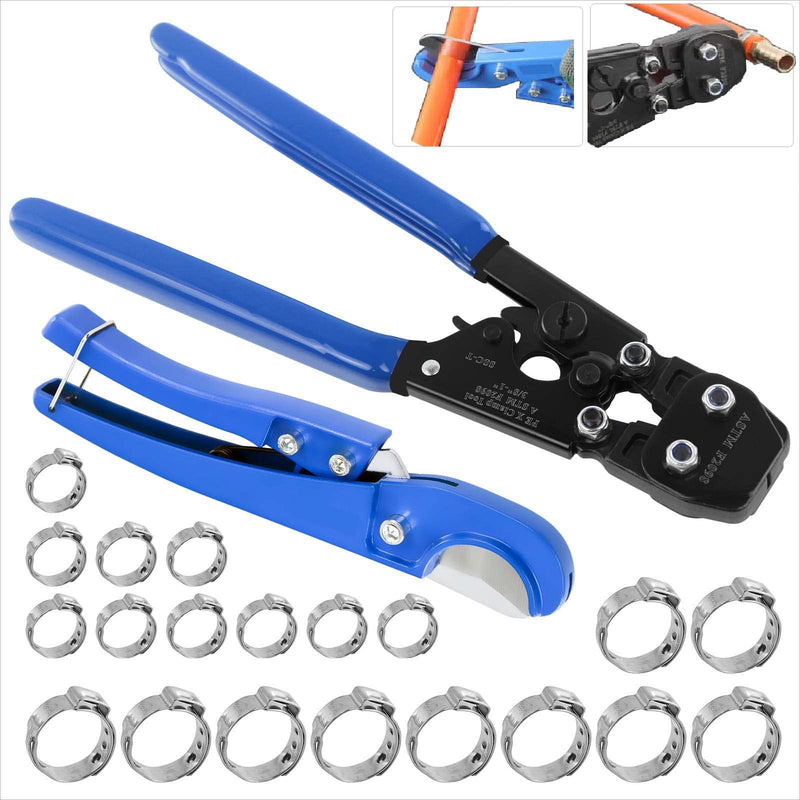 PEX Pipe Clamp Cinch Tool Crimping Tool Crimper for Stainless Steel Clamps from 3/8-inch to 1-inch with 1/2-inch 10PCS and 3/4-inch 10PCS SS PEX Clamps,with Pipe Cutter CH-T-2