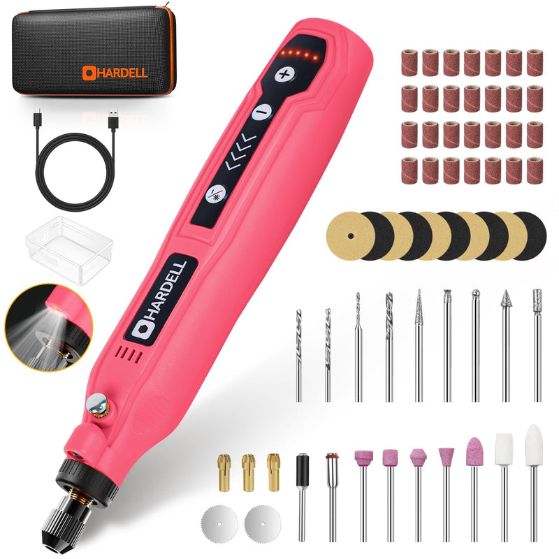 HARDELL Mini Cordless Rotary Tool, 5-Speed 3.7V rechargeable Kit with 61 Accessories, USB Charging Multi-Purpose Power Tool for Sanding, Polishing, Drilling, Etching, Engraving, DIY Crafts Pink-3.7v