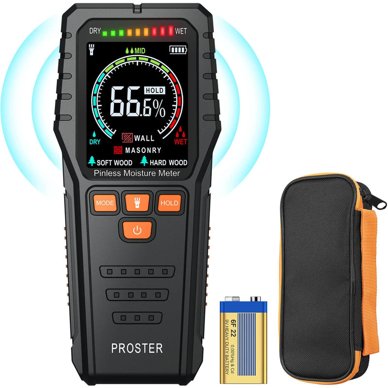 Proster Pinless Wood Moisture Meter - Non Destructive Moisture Tester for Wood Wallboard Masonry, Detect up to 3/4 Inch Below Surface, Backlit Color LCD, Visual Audible Alarm BLACK