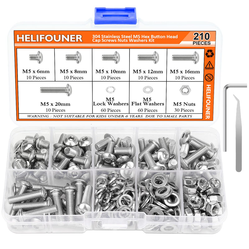 210 Pieces M5 x 6mm /8mm /10mm /12mm /16mm /20mm, Hex Button Head Cap Metric Screws Bolts Washers Nuts Kit, 304 Stainless Steel