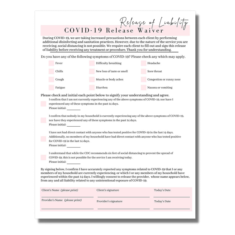 Covid-19 Release of Liability Forms | 50 Pack | 8.5x11" inch Paper Size Form | Eyelash Extension Supplies | 50 Covid-19 Viral Exposure Liability Release Forms