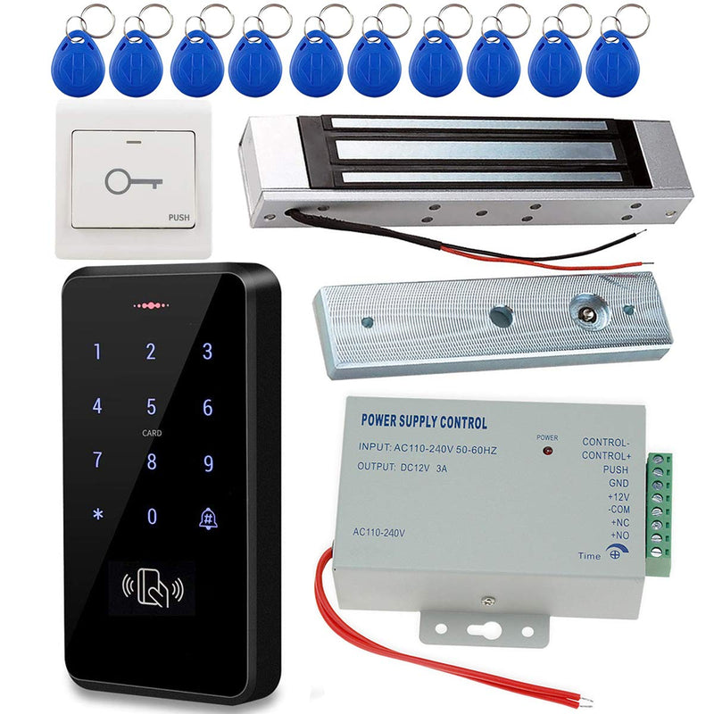 JASAG Complete Access Control Set, 125KHz Fully Waterproof RFID Keypad(3000 Users Capacity) + 180KG/380lbs Magnetic Door Lock + DC12V 3A Power Supply + Release Button and 10PCS Key Cards, Outdoor