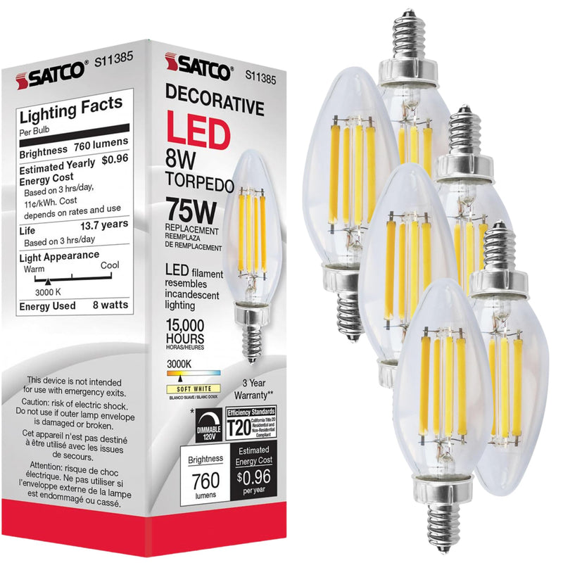 Satco S11385 8W C11 LED Filament Candle Bulb, 3000K Soft White, 760 Lumens, E12 Candelabra Base, Clear Finish, 90+ CRI, Dimmable, Energy-Efficient, for Chandeliers and Decorative Fixtures (6 Pack)