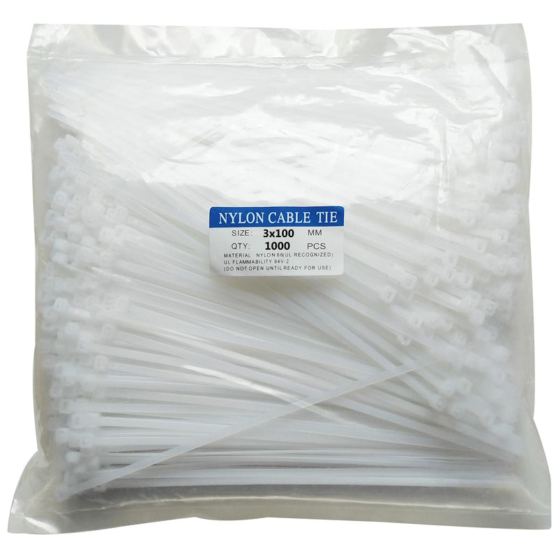 1000 pcs 4 inch Cable Zip Ties Heavy Duty, Premium Plastic Wire Ties with 18 LBS Tensile Strength, UV Resistant Cable Ties, Self-Locking White Nylon Tie Straps 4 inch ( 3 x 100mm )