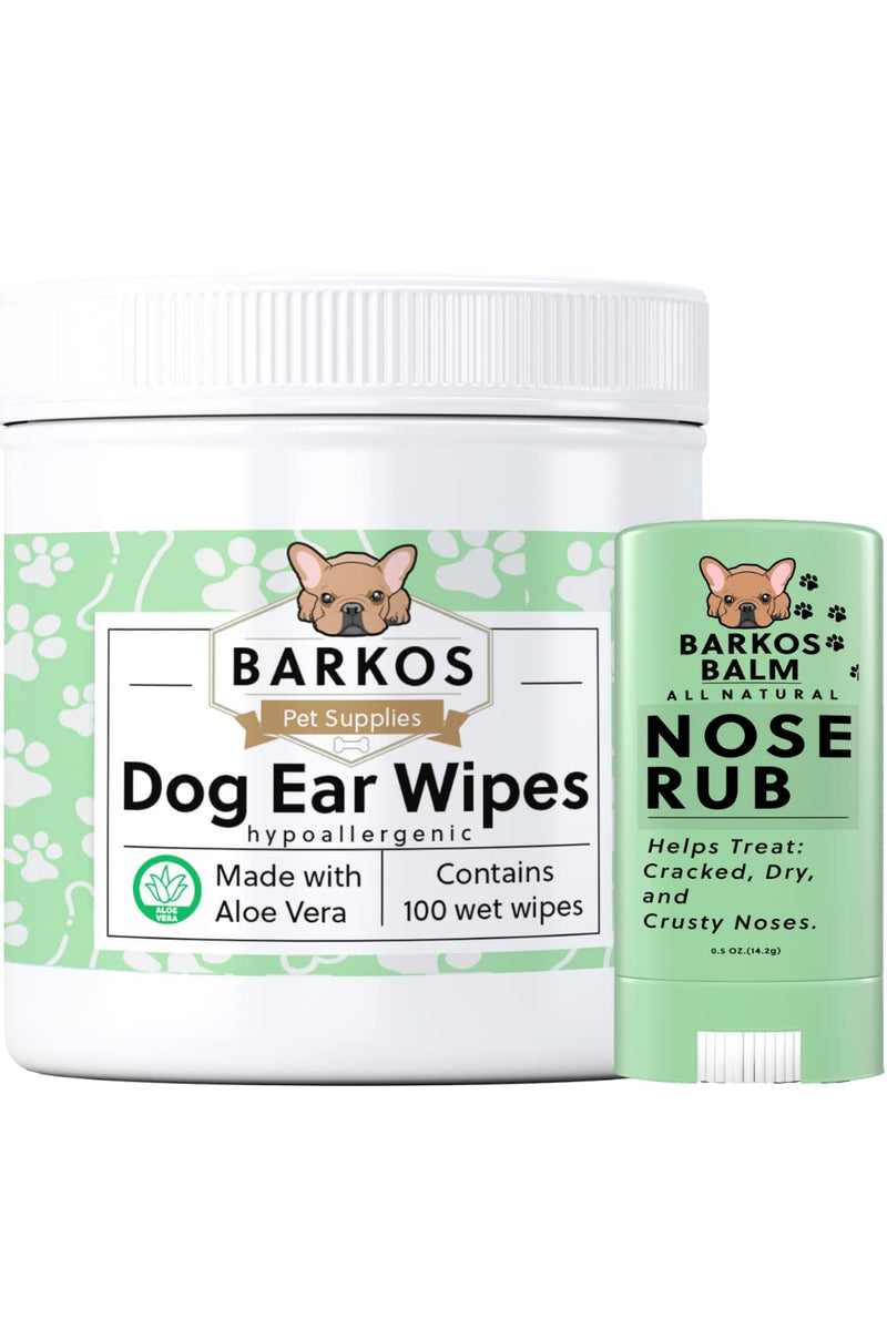 Dog Ear Cleaner Wipes + Nose Balm For Dogs | Bulldog, French Bulldog, Pug, English Bulldog | Cleans & Soothes Ears, Wrinkles, Folds, Tear Stain, Tail Pockets & Paws, Anti-Itch | 100 Soft Cotton Pads - PawsPlanet Australia