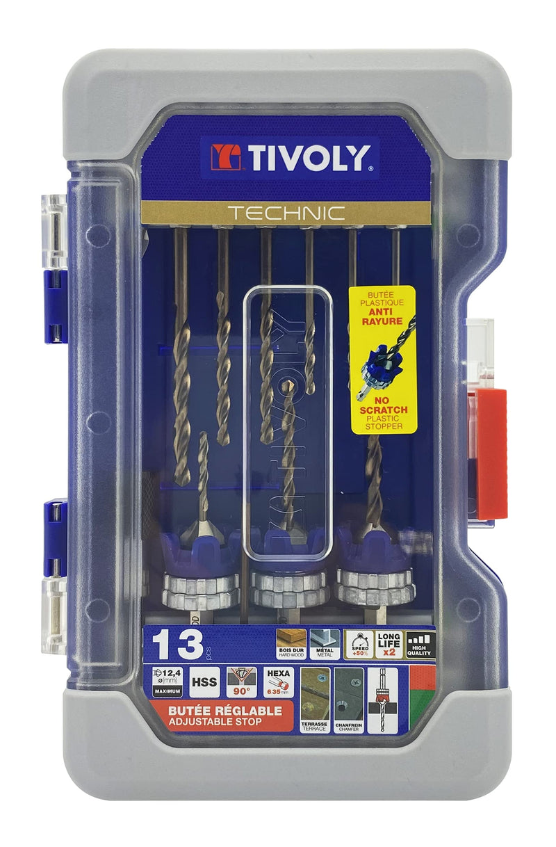 TIVOLY - 13-Piece Deck Kit: 3 Special Deck Sets (HSS Ø1/8"-5/16"-3/16" Drill Bits) + 6 HSS Drill Bits + 3 Stainless Steel Bits + Accessories - Hex Shank 6.35mm