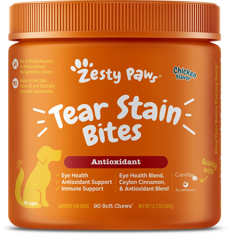 Zesty Paws Tear Stain Support Soft Chews for Dogs - for Eye Moisture + Vision & Immune Support - Functional Supplements with Fish Oil, Lutein, Cranberry & Vitamin C - Chicken Flavor 90 Count - PawsPlanet Australia