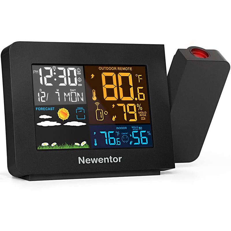 Newentor Atomic Projection Alarm Clock with Weather Station for Bedrooms, Projector Clocks with WWVB Function, Indoor Outdoor Thermometer Wireless, Temperature Humidity Monitor and Weather Forecast Red Projection