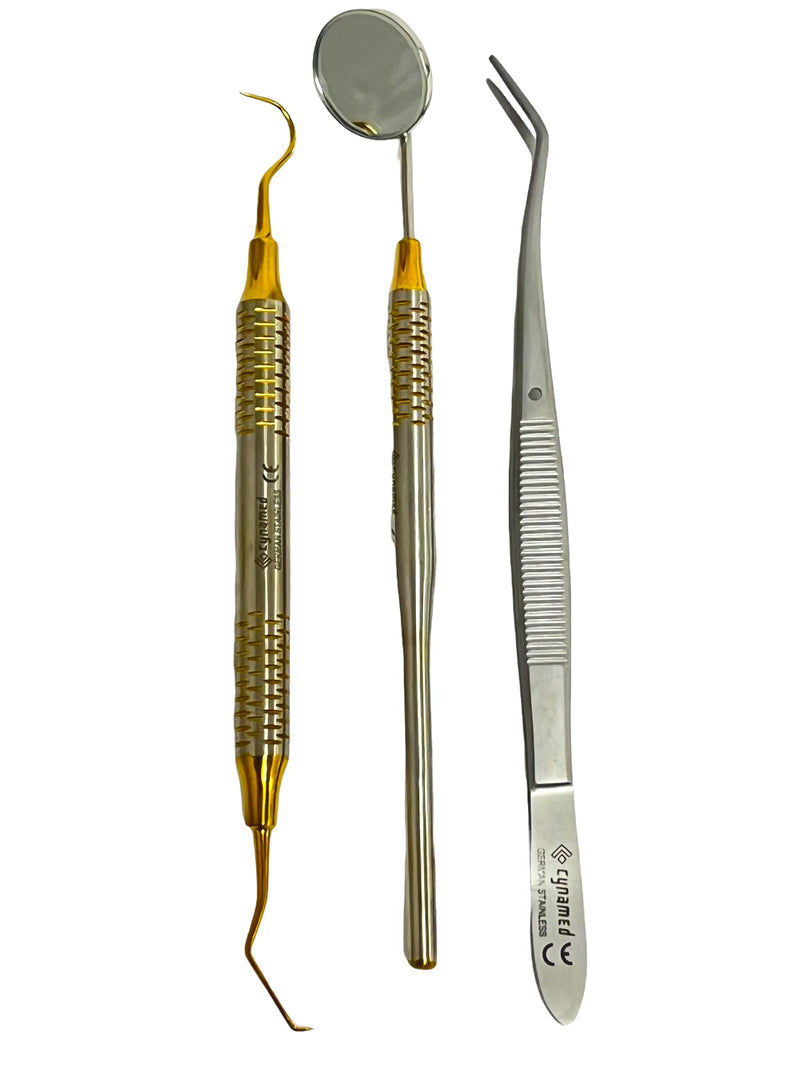 ArTLaB-Premium German 3 Instruments Basic Dental Set- Mirror Explorer College Cotton Plier Hollow Handle -Dental Instruments set of 3 (Gold Titanium Set of 3) Gold Titanium Set of 3
