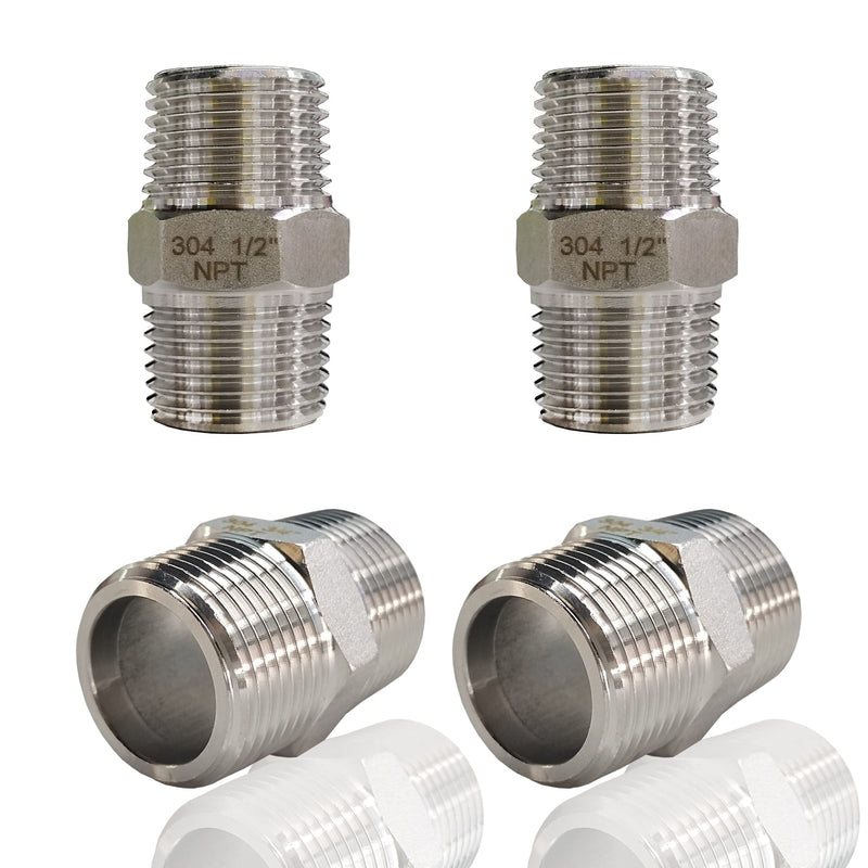 4PCS Hex Nipple 1/2" Male x 1/2" Male Pipe Fittings, 304 Stainless Steel 1/2 inch NPT Male Threaded Pipe Adapter Fittings Equal Nipples Connectors, Male Straight Connector Pipe Fitting 0.5 Inch