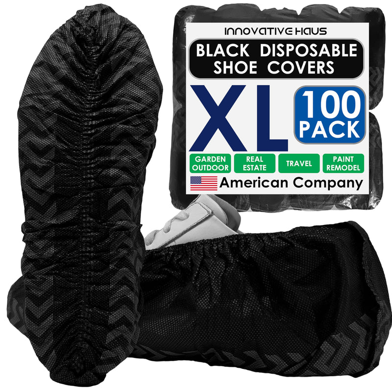 Innovative Haus 100 Pack (50 Pairs) Black Extra Large Disposable Boot and Shoe Covers Disposable - Indoors Reusable Booties for Shoes Covers - Non Slip Treads - Fits US Men's 14 and Women's 16