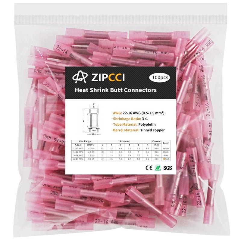 22-16 AWG Heat Shrink Butt Connectors - 100Pcs Red Crimp Waterproof Electrical Cable Wire Connector Speaker Automotive Marine Grade Wire Crimp Terminals Insulated Butt Splices AWG 22-16 - NewNest Australia