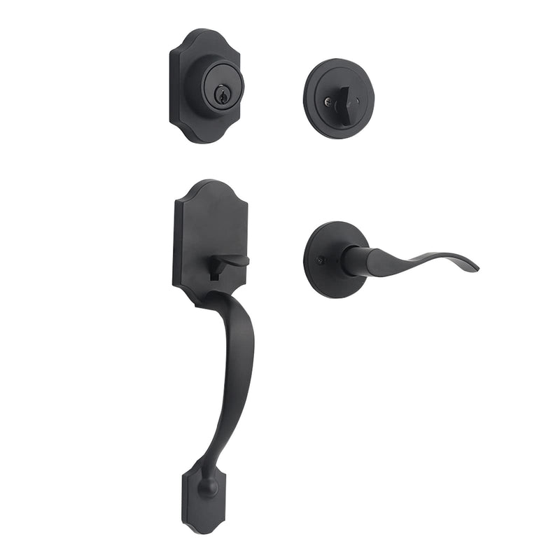 Door Handle Set - Matte Black Exterior Handle Lever for Front or Office Door (L16511-B-S721) Traditional (Wave-Like Lever)
