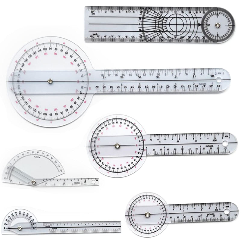 Goniometer Set of 6 with Bag,360°Goniometer Set-Including 6/8/12 inch Goniometer, 8 inch Spinal Goniometer, 6 inch 180°Goniometer & Finger Goniometer