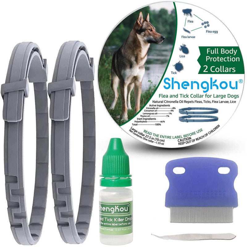 Flea and Tick Collar for Large Dog, Prevention and Control of Pests on Dogs, Safe Natural Ingredients Protection, Waterproof, Free Flea Drop and Comb, 27.5 inch, 2-Pack