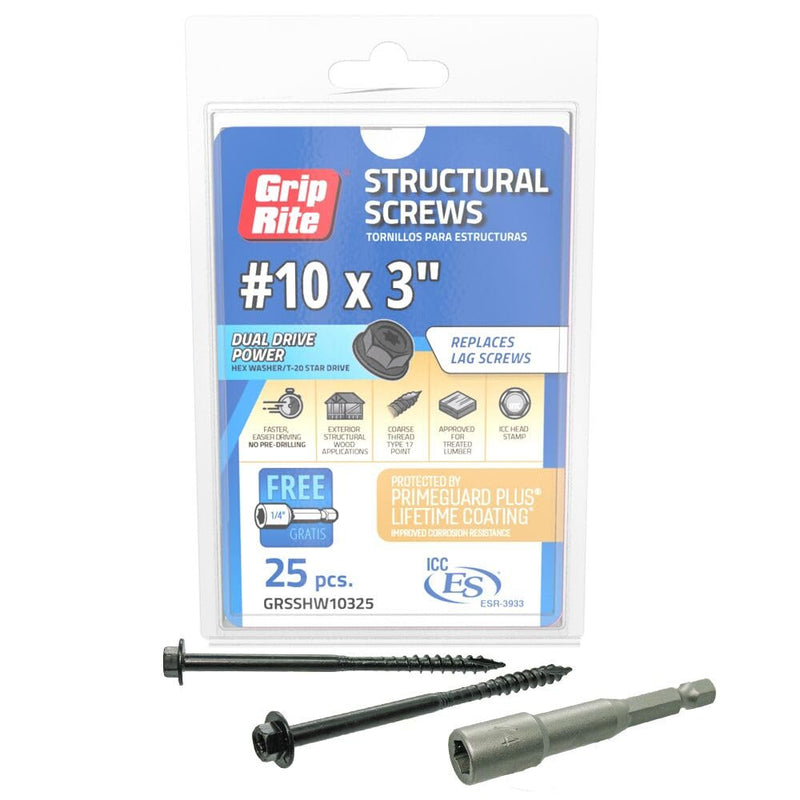 Grip-Rite GRSSHW10325#10 x 3 Structural Screw Dual Drive Power Hex Washer Star Drive Head 25CT 3 " #10 x 3"
