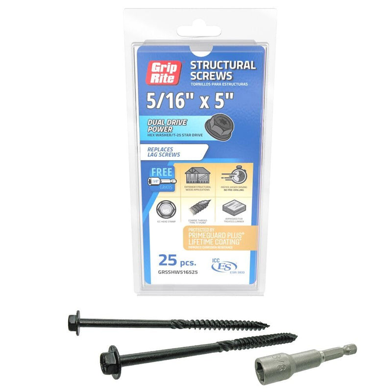 Grip Rite GRSSHW516525 5/16-inch by 5-inch Dual Drive for 3/8-inch Hex and T-25 Star Drive Prime Guard Plus Structural Screws 25 count