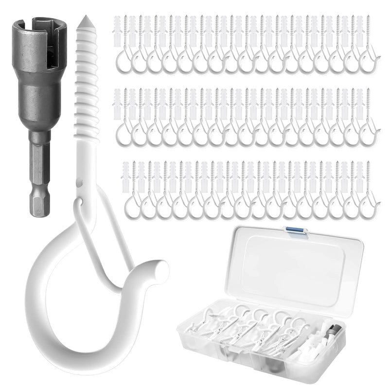 Q-Hanger Hooks 50 Pack, Screw Hooks String Lights Hanger Hooks,Outdoor Hanger Hooks for Garage New Year Party Outdoor Wire Fairy Led Lights,Safety Buckle Hook Design,White 50pcs White
