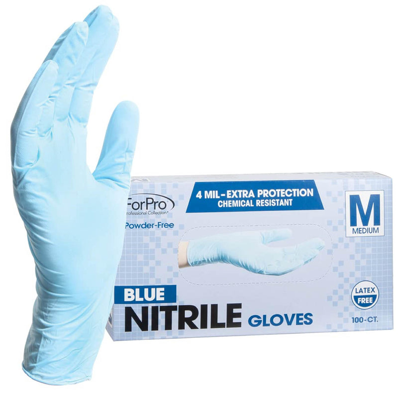 ForPro Professional Collection Disposable Nitrile Gloves, Chemical Resistant, Powder-Free, Latex-Free, Non-Sterile, Food Safe, 4 Mil, Blue, Medium, 100-Count Medium (Pack of 100)