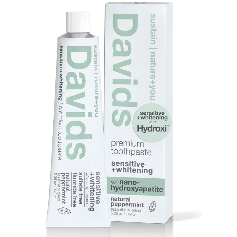 Davids Fluoride Free Nano Hydroxyapatite Toothpaste for Remineralizing Enamel & Sensitive Relief, Whitening, Antiplaque, SLS Free, Natural Peppermint, 5.25oz, Made in USA Nano Hydroxyapatite, Peppermint 5.25 Ounce (Pack of 1)