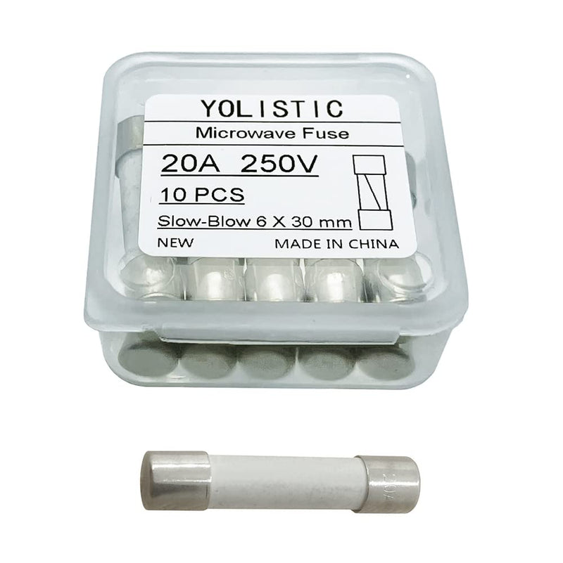 (Pack of 10) 20 Amp 250V Microwave Fuse Slow-Blow Time Delay Ceramic Fuses 6x30mm Compatible and Universal Replacement for GE WB27X10388 and Whirlpool Kenmore Other Microwaves