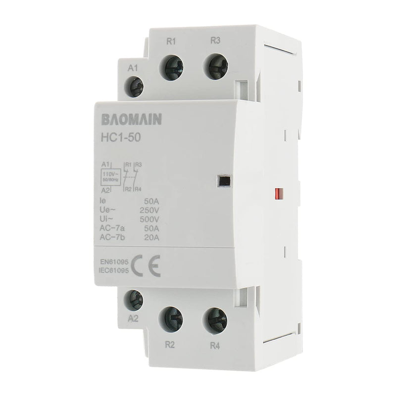 Baomain 110V AC 2-Pole Modular Contactor, 50A 2NC Normally Closed, DIN Rail Mount for HVAC, Motor, Pump & Lighting Control BCT-50/02, HC1-50/02-110VAC 50 Amp. 110 VAC(HC1)