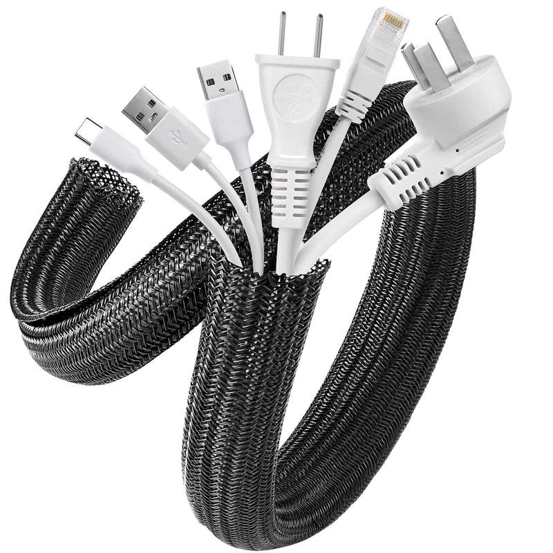 AGPTEK Cable Sleeve Cover, 2 Pack 5ft - 1.2 inch Cord Management Wire Organizer Under Desk, Home Office Computer Wire Cover Hider Cord Protector, Protect Cables from Pet Cat Dog Chewing, Black 1.2"-10ft