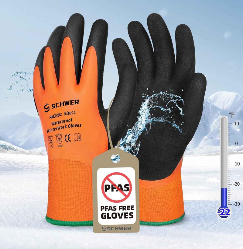 Schwer 2 Pairs FreezeGuard Winter Work Gloves, PFAS Free Waterproof Work Gloves, Freezer Gloves for Outdoor Cold Weather Keep Hands Warm, Waterproof Gloves for Shoveling Snow, Ice Fishing, L Orange Large (Pack of 2)