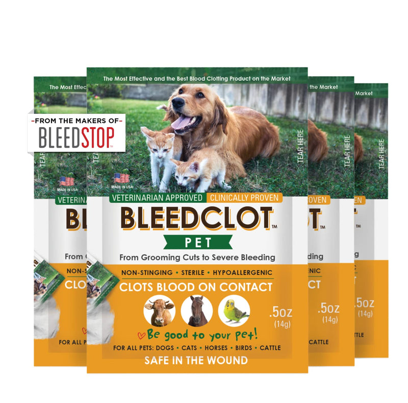 BleedClot Pet First Aid Blood Clotting Powder | The Best for All Animals to Stop Bleeding, Guaranteed | for Minor Cuts and Severe Arterial Bleeding | from The Makers of BleedStop (4 Pouches (0.5 oz)) Pet 4 Pack .5 oz - PawsPlanet Australia