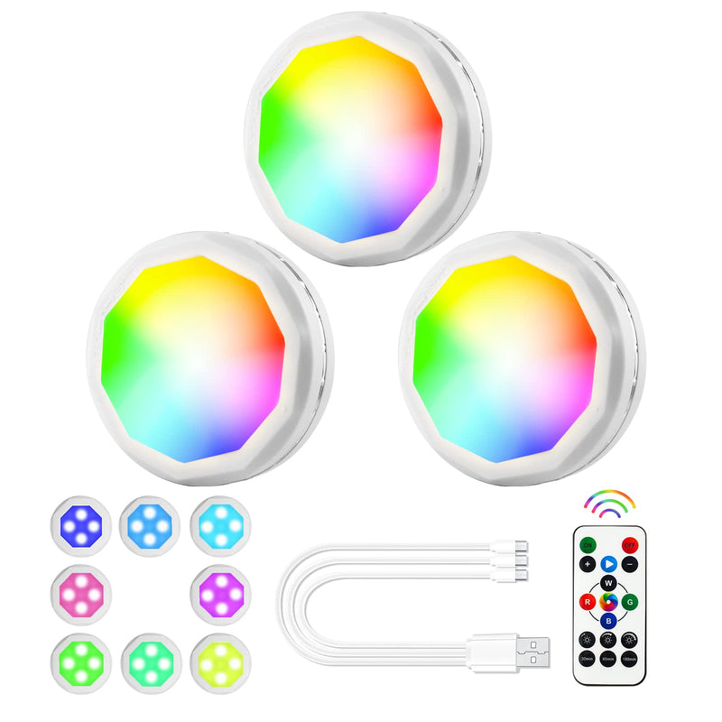 Under-Cabinet-Lights-Rechargeable-Puck-Light: LED Closet Lights with Changeable 16 Colors USB Charging Battery Lights with Timing,Dimmable Under Counter Lights for Kitchen Bedroom Rechargeable 3 pack White