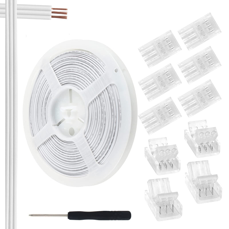 RGBZONE 3 Pin 10mm LED Connector Kit with 32.8ft 3 Pin Extension Cable and 10 Pcs 3 Pin LED Strip to Wire Connectors for 10mm IP20/IP65 SMD 5050 Dream Color LED Strip Light WS2811 WS2812B 3pin 10mm kit
