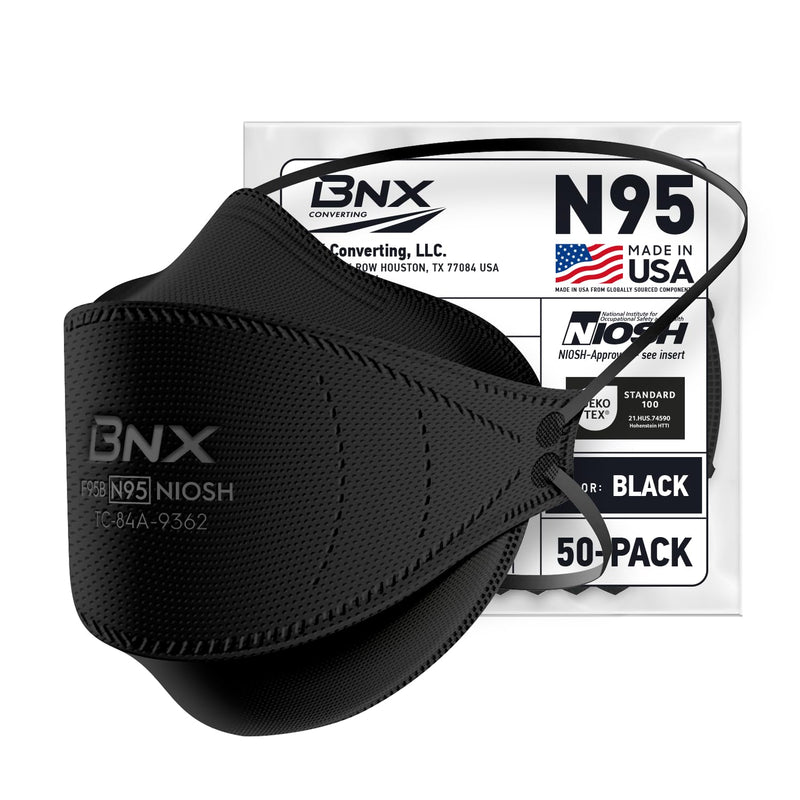 BNX N95 Mask NIOSH Certified MADE IN USA Particulate Respirator Protective Face Mask, Tri-Fold Cup/Fish Style, (50-Pack, Approval Number TC-84A-9362 / Model F95B) Black