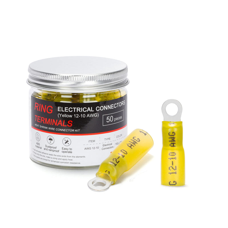 HKS 50 PCS Ring Terminals #8 Yellow 12-10 AWG - M4 - Electrical Connectors - Heat Shrink Wire Connector Kit - Tinned Red Copper - Automotive Marine Ring Connectors - Waterproof and Insulated Yellow 12-10 Gauge #8 (M4)