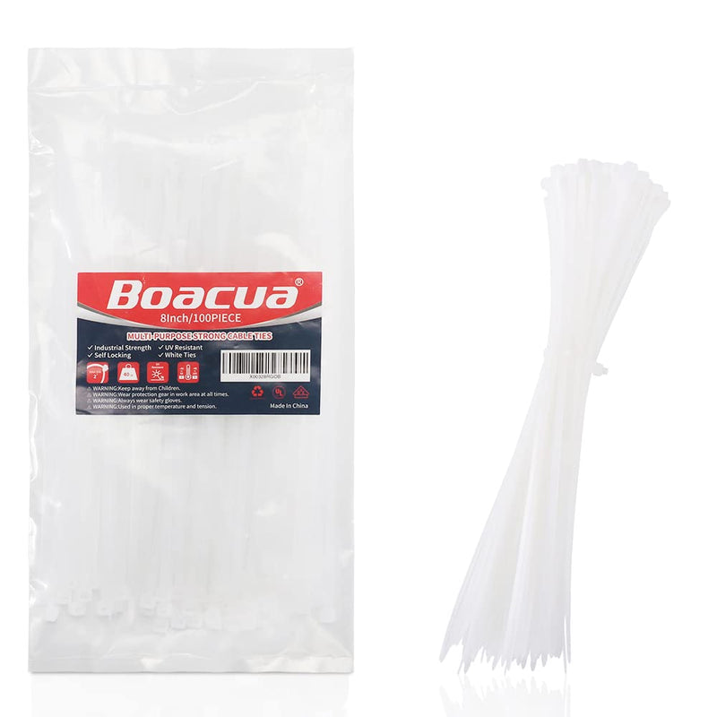 8 Inch Zip Cable Ties (100 Pieces), Self-Locking Premium Nylon Cable Wire Ties,Heavy Duty White, for Indoor and Outdoor by Boacua 8" (100 Pieces)