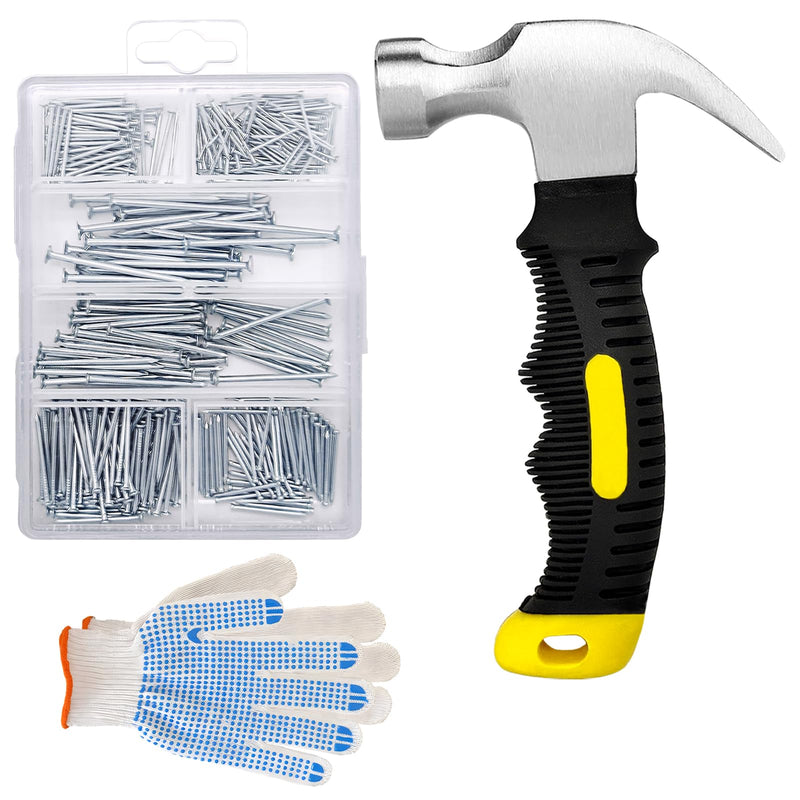 376pcs Hardware Nails Assortment Kit and 8oz Small Claw Hammer,Mini Hammer with Anti-Slip Handle,Nails for Hanging Pictures,Maximum Length 2 Inches Nails,Finishing Nails for Household and DIY