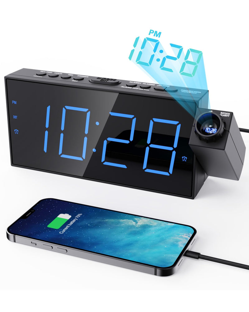 OnLyee Projection Alarm Clock for Bedroom, LED Digital on Ceiling Wall with USB Phone Charging, Battery Backup, 180° Rotatable Projector & Dimmer, 12/24H, DST, Snooze, Dual Loud Bedside Heavy Sleeper Black