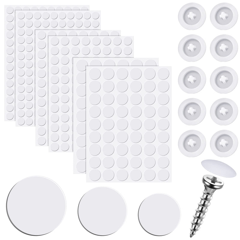 Eersida 100 Pcs Screw Caps Screw Covers Self Tapping Plastic Screw Cap Covers and 580 Pieces Self Adhesive Screw Hole Stickers Furniture Screw Cover Stickers for Wood Screws Furniture (White) White