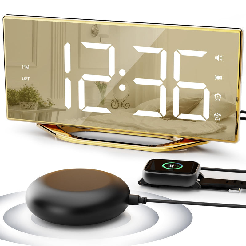 Loud Alarm Clock for Heavy Sleeper, 2 Alarms Big Display Clock with Bed Shaker for Hard of Hearing Deaf,Plug in Bedroom Mirror Clock,Phone Charger,Dimmer,Simple Digital Clock for Senior Adult Teen Kid Gold Surface(with Bed Shaker)