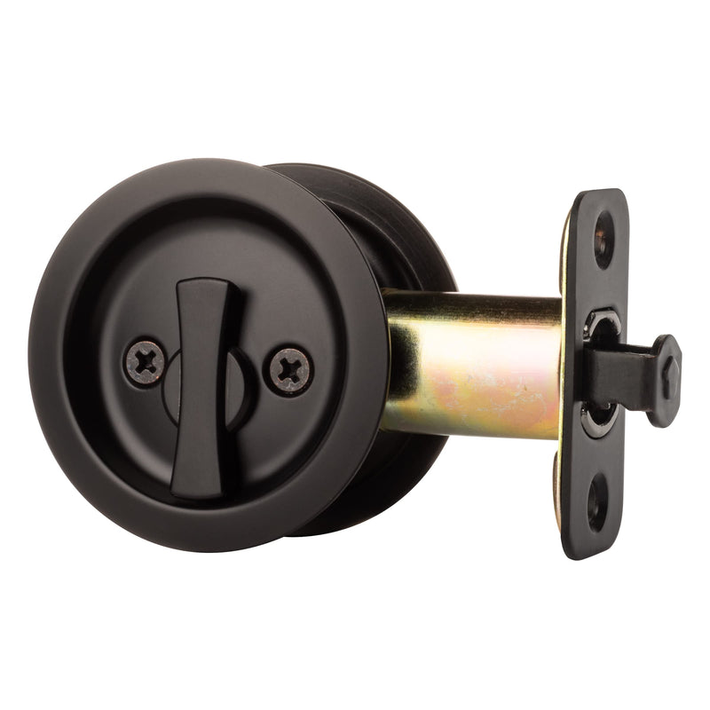 Dynasty Hardware Pocket Door Latch, Round Sliding Handle for Bathroom or Bedroom, Locking Passage Pull, Easy Install Pocket Door Hardware, Flat Black Finish, 2-3/8" Backset, Universal Fit