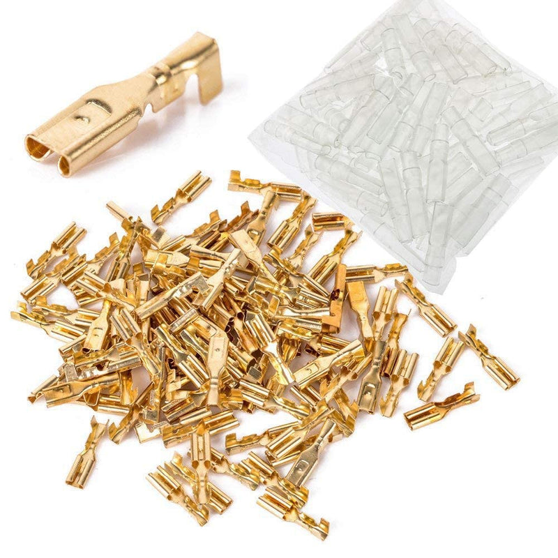 MEETOOT 100pcs 2.8mm Gold Female Spade Crimp Terminal with Insulating Sleeve Self Lock Plug Electrical Wire Splice Connectors