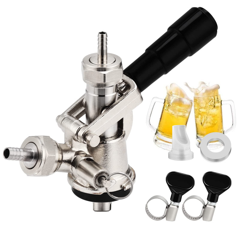 European Sankey S System Keg Coupler, 1/4'' Beer Barb Stainless Steel Probe Brass Body 5/16'' Gas Tailpiece Draft Kegerator Tap Dispenser with Safety Pressure Relief Valve Brewing Hose Clamp s type keg coupler