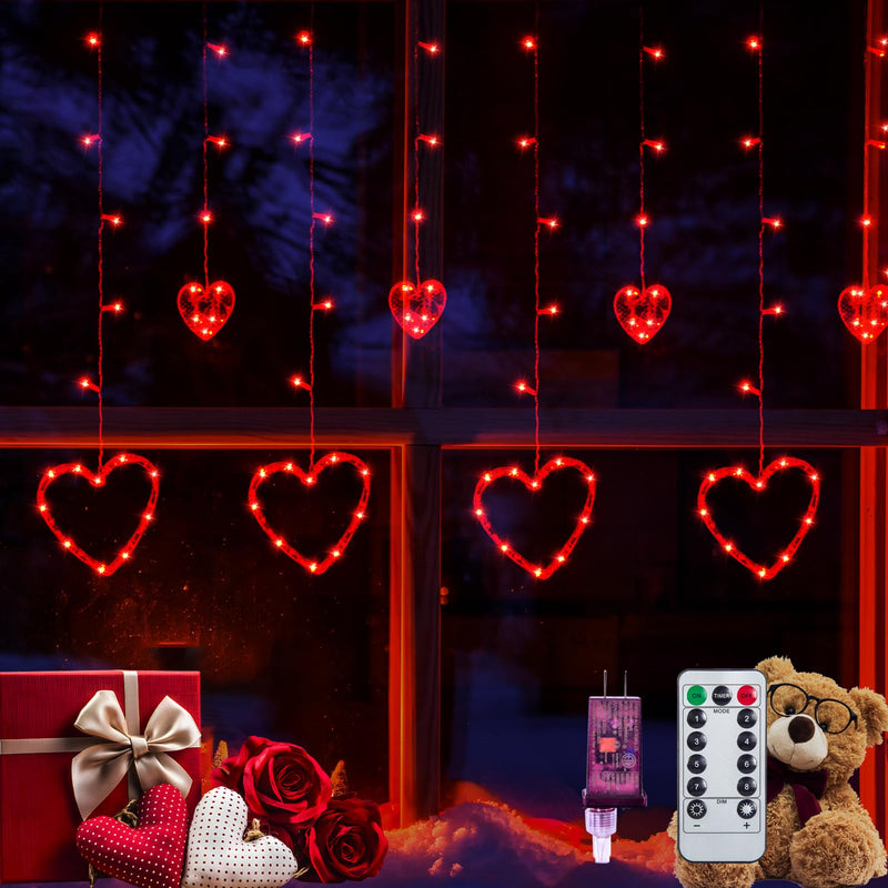 LOLStar Valentines Day Decor, Connectable Red Heart-Shaped 138 LEDs 12 Hearts String Lights Plug in With Remote, 8 Flashing Modes and Timer Function Window Curtain Light for Valentines Day Decorations