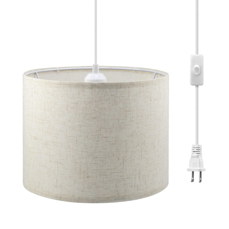 Plug in Pendant Light, 15 FT Hanging Lamp with Plug in Cord, On/Off Switch, Pendant Lighting with Fabric Shade, Hanging Light Fixture for Living Room, Bedroom, Dining Room, Kitchen (Beige) Beige