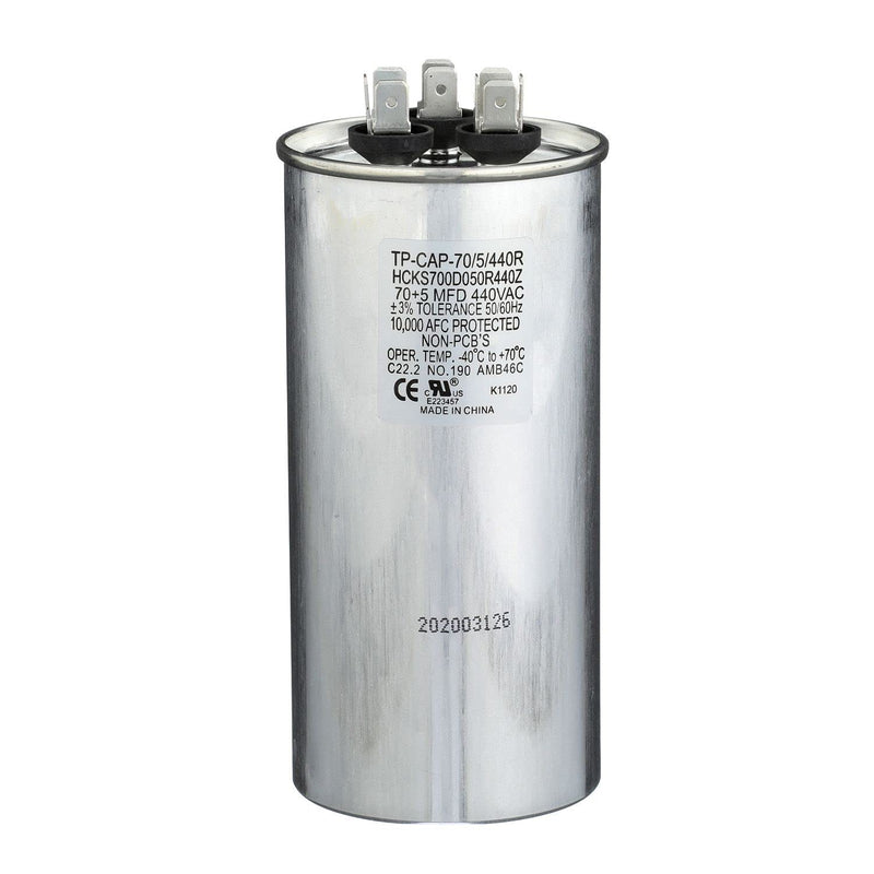 (TP-CAP-70/5/440R) 70+5 MFD (Microfarads) 440 Volt Round Dual Run Capacitor | 60,000 Hour Operating Life, Aluminum Composition, -40°F to 158°F (-40°C to 70°C) Temperature Range