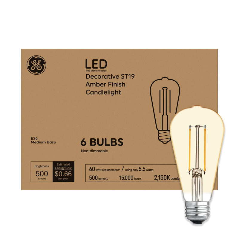 GE Vintage Style LED Light Bulbs, 60 Watt, Amber Finish, ST19 Edison Style Bulbs (6 Pack) 25 Watt 1 Count (Pack of 1)
